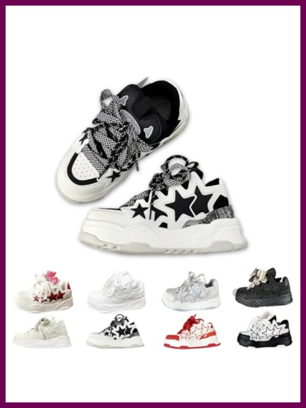 Chunky Star Sneakers Faux Leather Platform Lace-Up Athletic Shoes